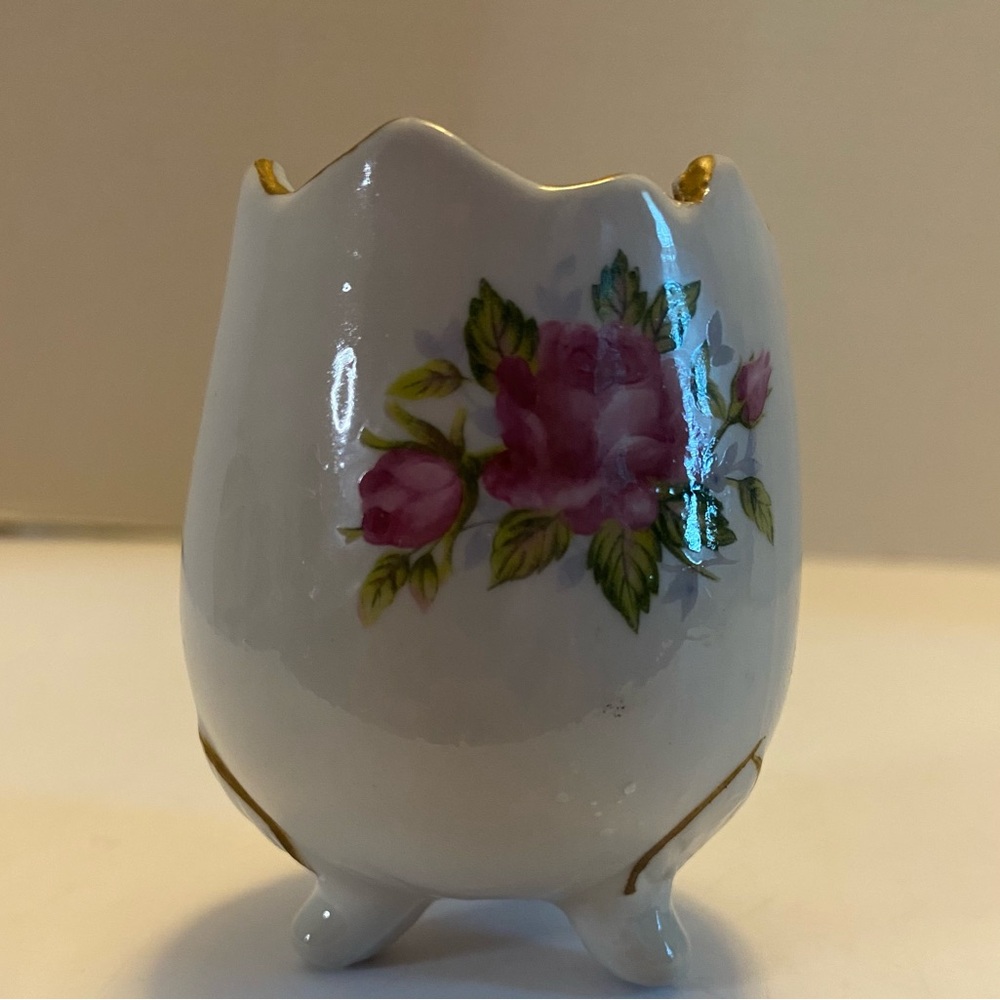 Vintage 3" Bone China Vase Footed Cracked Egg Style Bright Colored Rose Design
